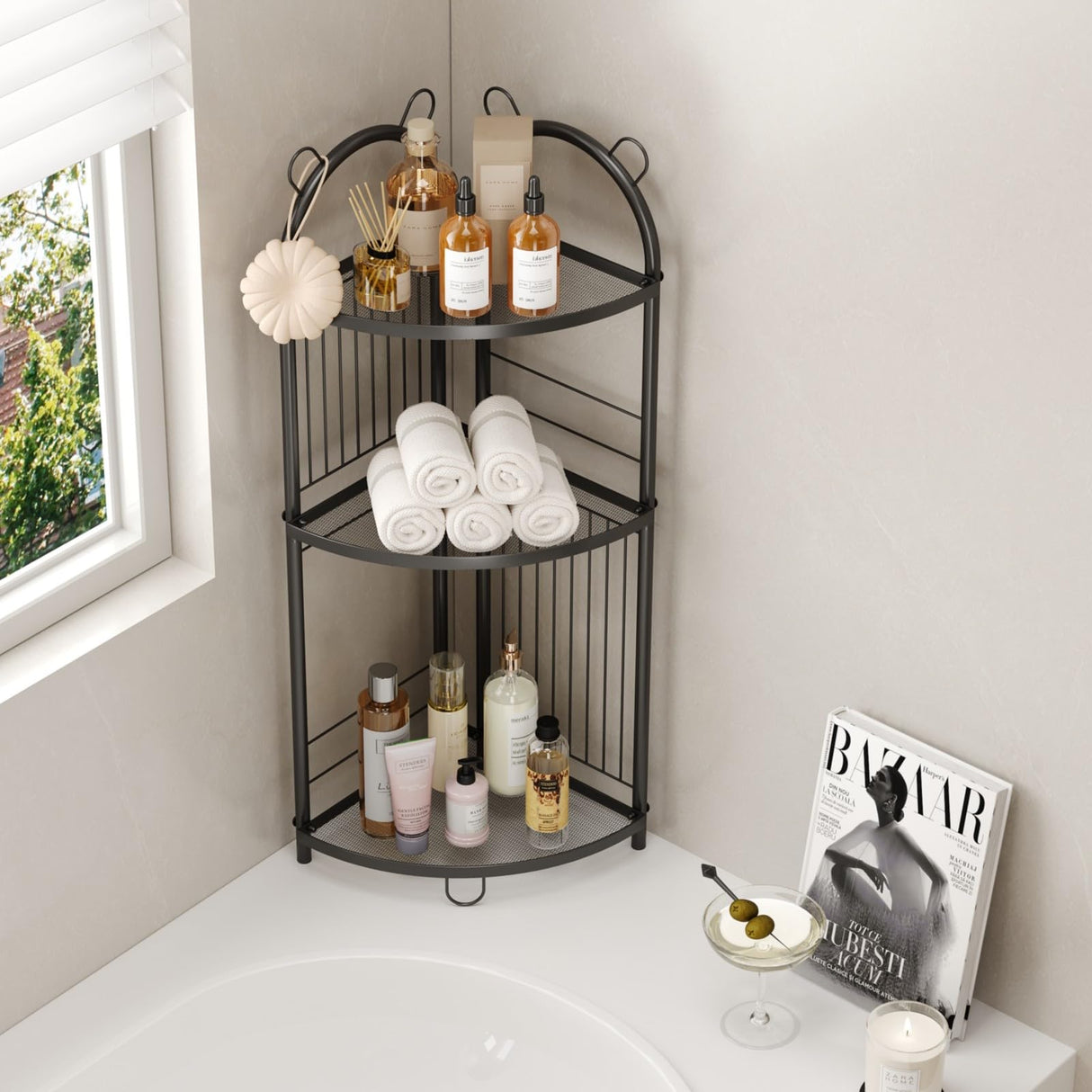 Corner Bathroom Shelf Metal Short Corner Stand Shelf Black Small Bathroom Storage Corner Shelf Unit for Toilet Shower Room 3 Tier CICUFY