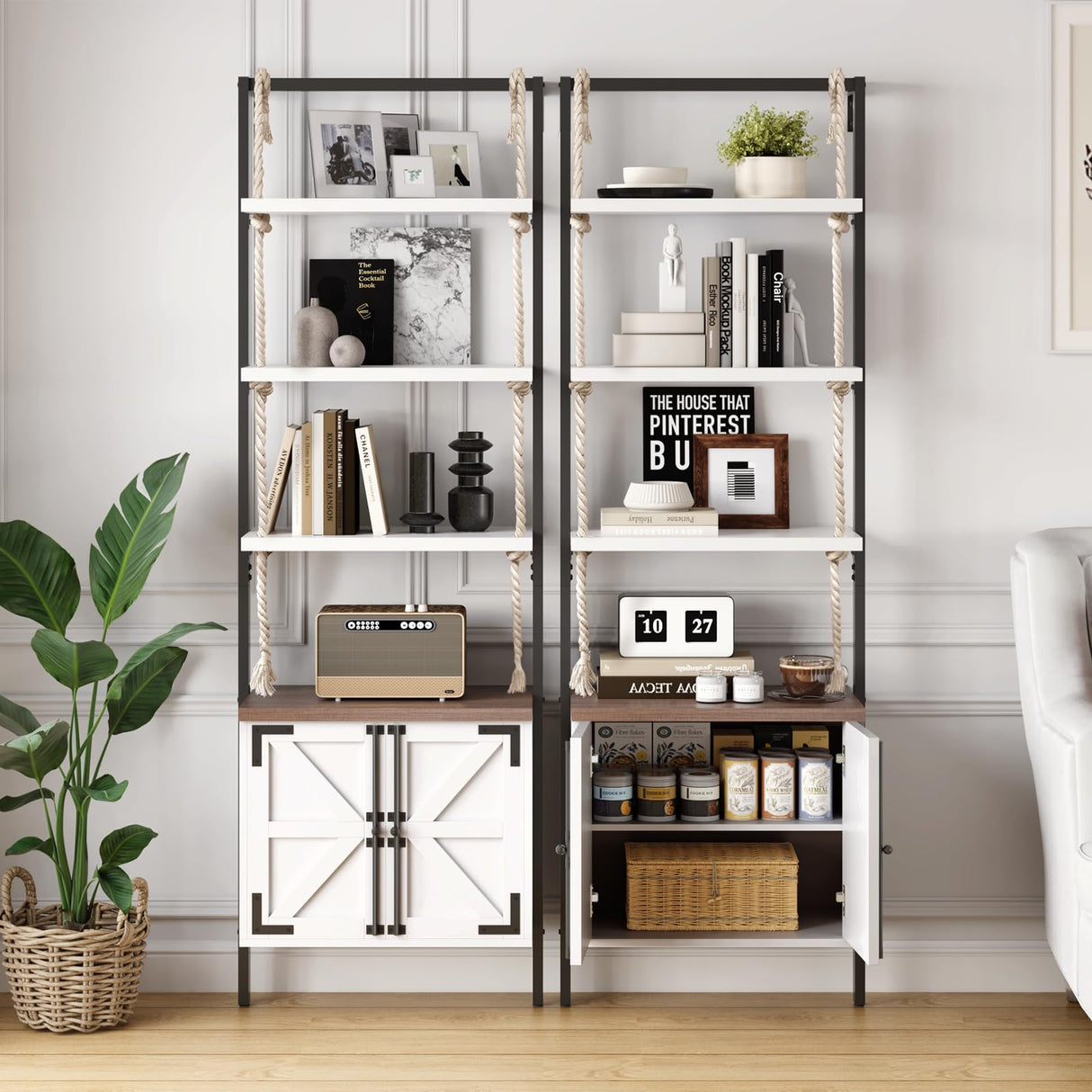 JOINICE,Farmhouse Bookshelf with Storage,71" Tall Industrial Bookcase with Shelves and Cabinet,5 Tier,Wall Mounted Ladder Shelf with Display Rack for Bedroom,Living Room,White JOINICE