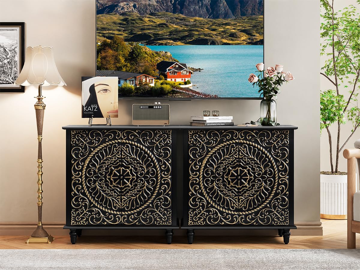 ARTPOWER Accent Cabinet with 2 Doors, Decorative Storage Cabinet with Carved Flower Pattern, Black Sideboard Buffet Cabinet, Wood Credenza with Storage for Entryway, Living Room, Kitchen, Dining Room ARTPOWER