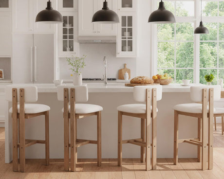 HNY 26 Inch Farmhouse Counter Stools Set of 4 with Curved Back, Modern Sherpa Boucle Upholstered Counter Height Bar Stools, Tall Kitchen Bar Chairs with Solid Wood Frame for Island Countertop, White HNY