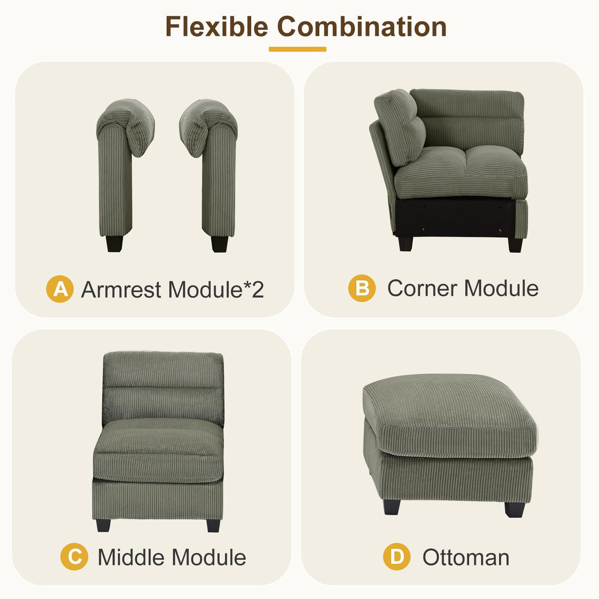 HAOMARKETS 115” Modular Sectional L Shaped Corner Sofa, Corduroy 5-Seater Couches with Thick Cushion for Living Room, Green HAOMARKETS