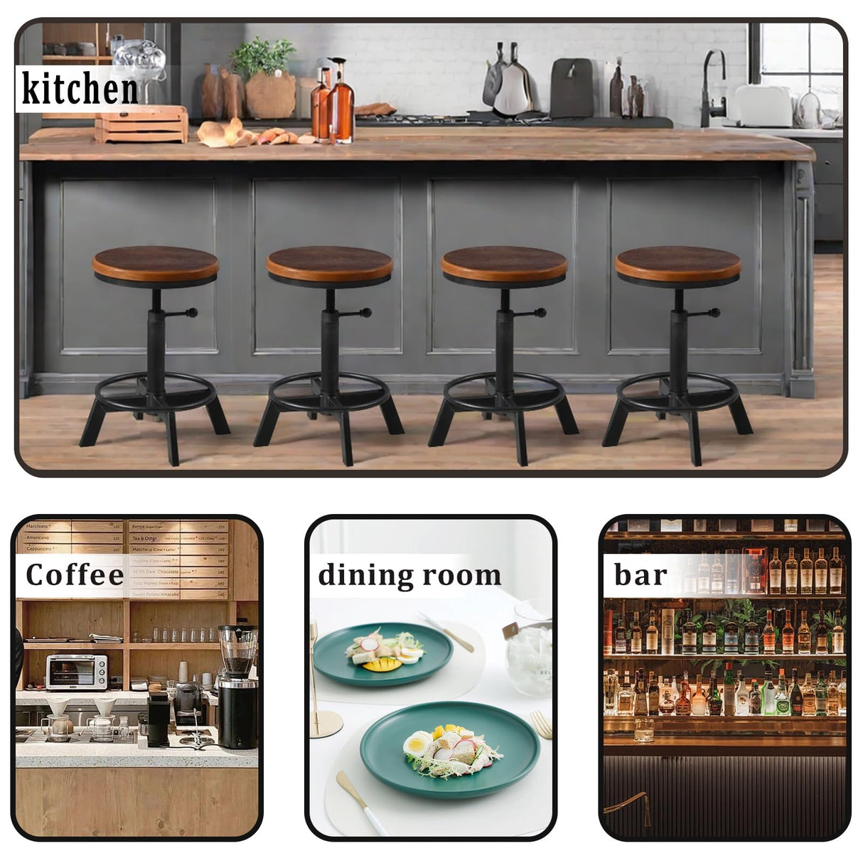 BOKKOLIK Set of 2-Industrial Bar Stool-Rustic Counter Height Chairs for Kitchen Island-Farmhouse Swivel Wooden Seat- Adjustable 17.7-24inch BOKKOLIK