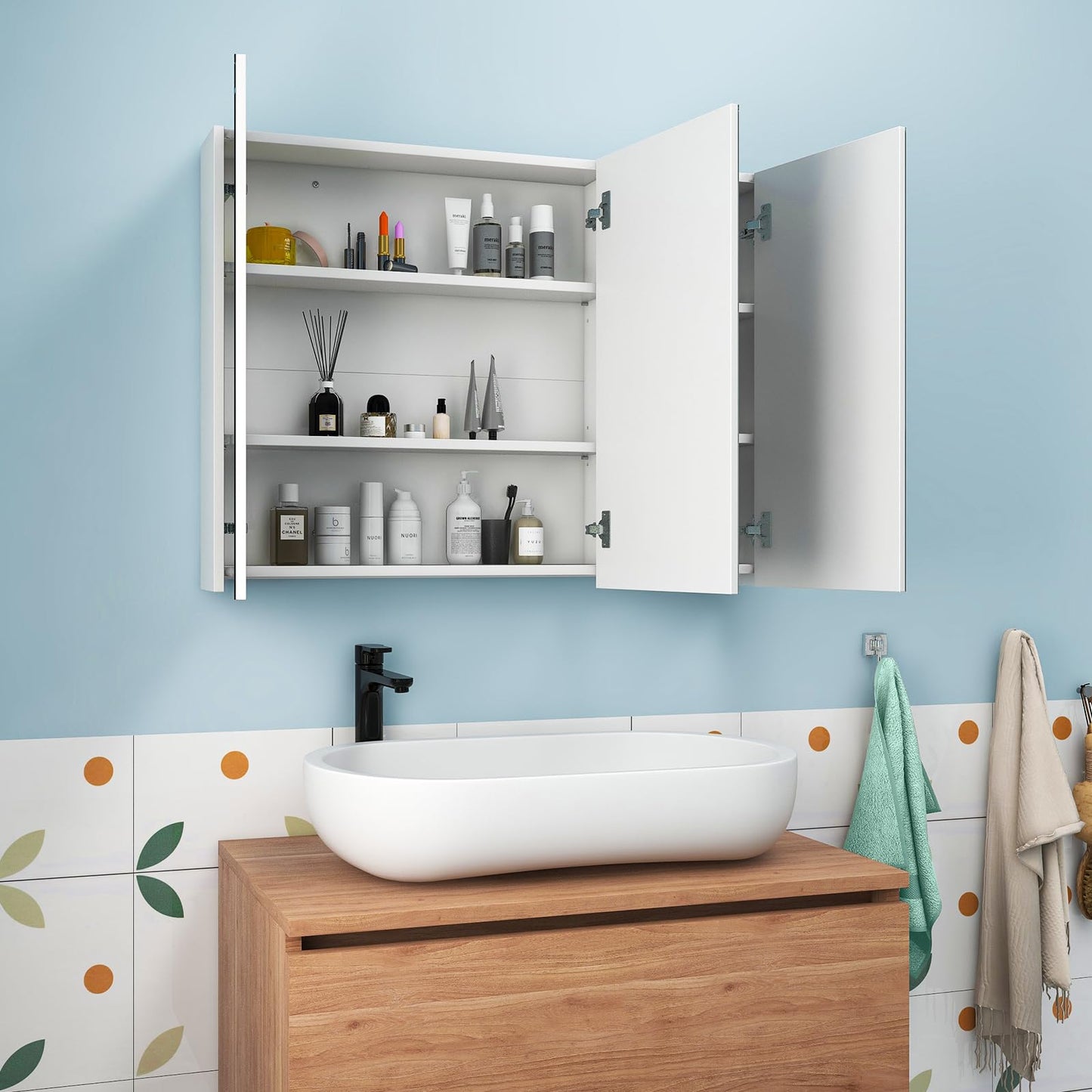 Tangkula Medicine Cabinet with Mirror, Frameless Bathroom Wall Mounted Mirror Cabinet with 3 Doors and Adjustable Shelves, Bathroom Mirror with Storage, Recess or Surface Mount Installation - WoodArtSupply