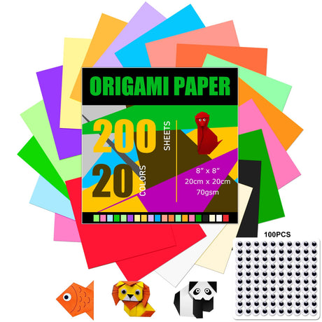 Origami Paper 300 Sheets, 20x20 cm/8 Inch Large Origami Paper Double Sided, 200 Sheets 20 Colors Origami Paper and 100pcs Self-adhesive Wiggle Eyes Sets for Kids DIY School Arts Crafts Adults Firstop