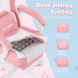 PZDO Pink Gaming Chair, High Back Kawaii Gaming Chair with Footrest & Bunny Ear and Wide Soft Cushion, Gamer Chair Computer Chair for Adults Girls Women, Reclining Chair, Gift, Pink-White PZDO