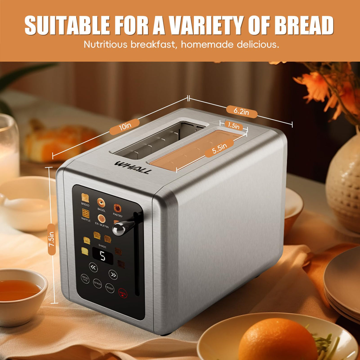 WHALL Touch Screen Toaster 2 Slice, Stainless Steel Digital Timer Toaster with Sound Function, Smart Extra Wide Slots Toaster with Bagel, Cancel, Defrost (silver) whall