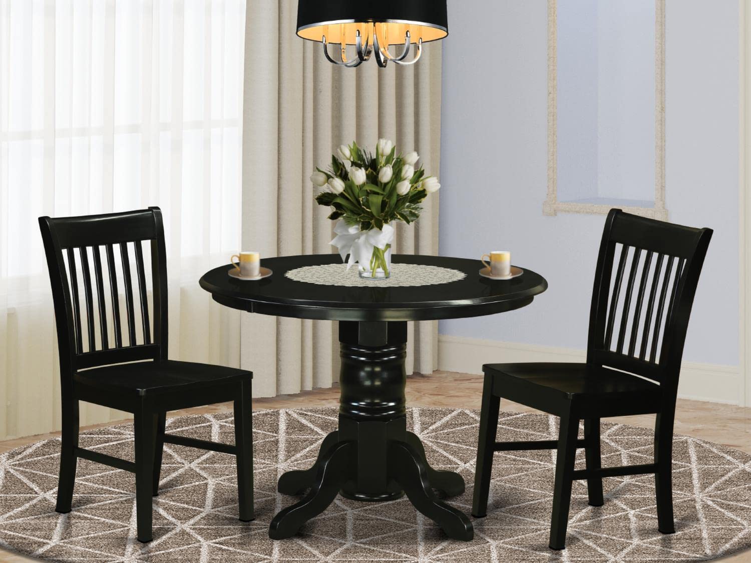 East West Furniture Shelton 3 Piece Room Furniture Set Contains a Round Dining Table with Pedestal and 2 Wood Seat Chairs, 42x42 Inch, SHNO3-BLK-W - WoodArtSupply