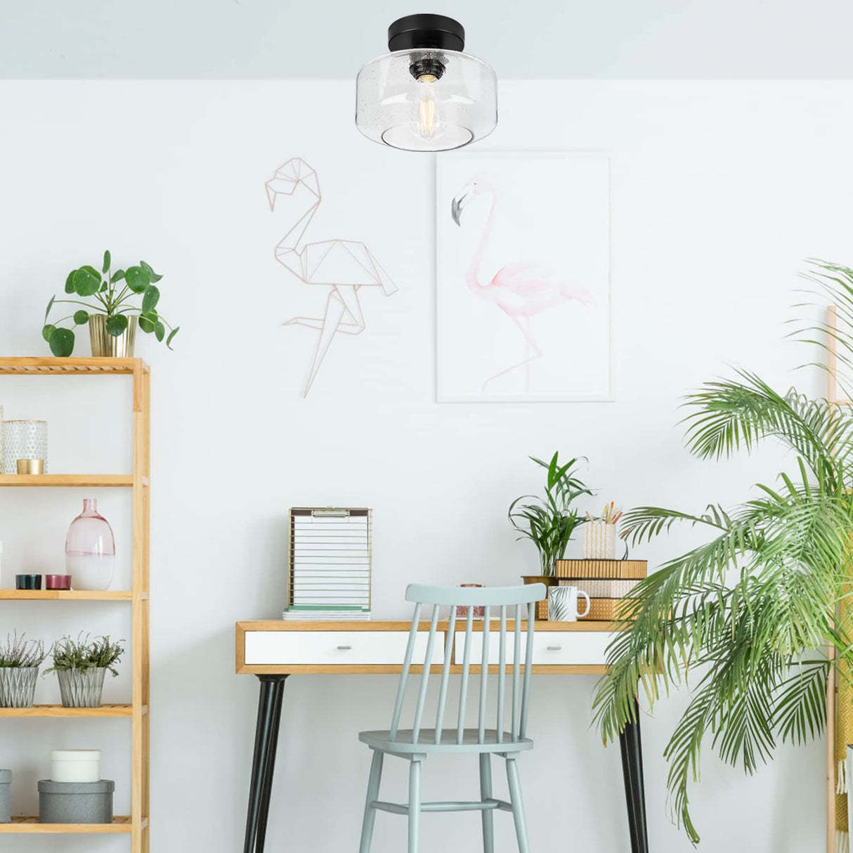 Industrial Semi Flush Mount Ceiling Light, 800 Lumen LED Bulb Included, Seeded Glass Shade Farmhouse Light Fixture for Hallway Corridor Kitchen Bathroom Bedroom Passway Lynnoland