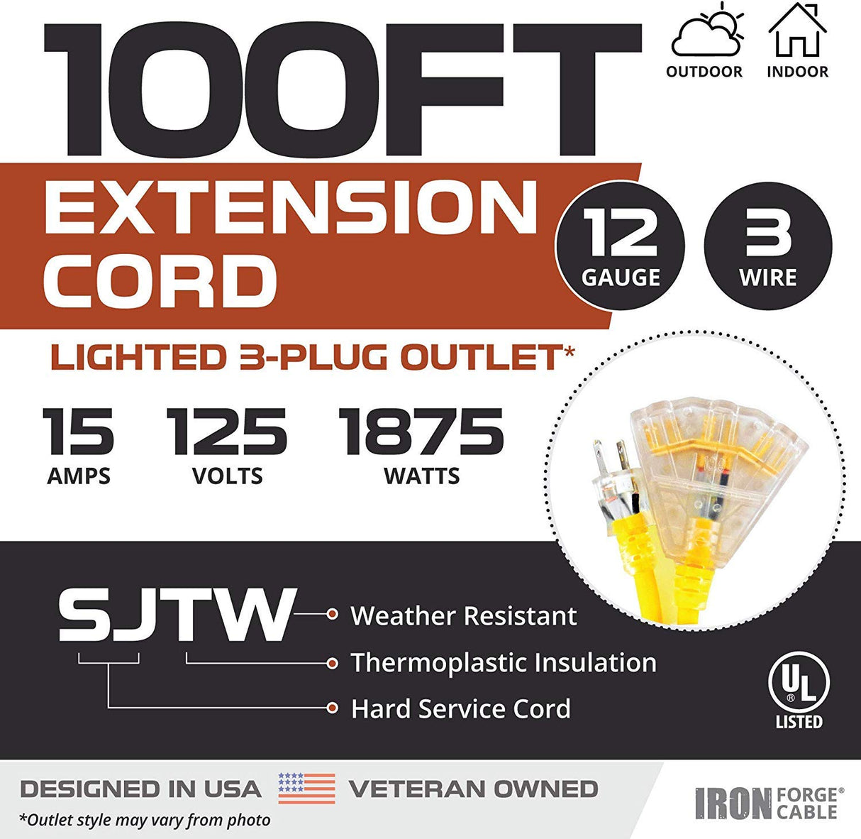 Iron Forge Cable 100ft Outdoor Extension Cord, Lighted with 3 Electrical Power Outlets - 12/3 Gauge SJTW Heavy Duty Extension Cable, Yellow, 15 AMP - 3 Pronged with Grounded Plug for Improved Safety Iron Forge Cable