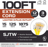 Iron Forge Cable 100ft Outdoor Extension Cord, Lighted with 3 Electrical Power Outlets - 12/3 Gauge SJTW Heavy Duty Extension Cable, Yellow, 15 AMP - 3 Pronged with Grounded Plug for Improved Safety Iron Forge Cable