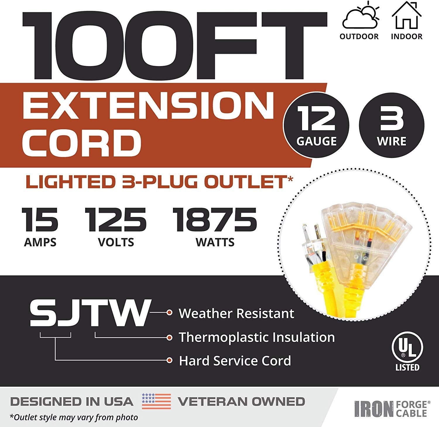 Iron Forge Cable 100ft Outdoor Extension Cord, Lighted with 3 Electrical Power Outlets - 12/3 Gauge SJTW Heavy Duty Extension Cable, Yellow, 15 AMP - 3 Pronged with Grounded Plug for Improved - WoodArtSupply