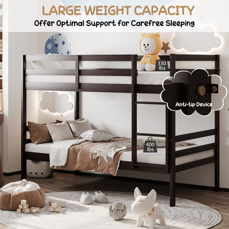 KOMFOTT Espresso Twin Over Twin Wood Bunk Bed with Ladder & Safety Guardrail KOMFOTT