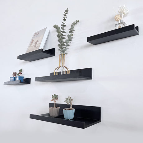Art Emotion Black Floating Shelves | Set of 5 | Wall Shelf | Wood Bathroom Shelves | Bedroom | Living Room | Kitchen | Office & More (Black) Art Emotion