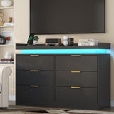 UNIQUITE 6 Drawer Dresser for Bedroom, Black Dresser with LED Lights and Power Outlet, Wooden Dressers Chests of Drawers, Double Wide Dressers for Bedroom, Living Room, Hallway UNIQUITE