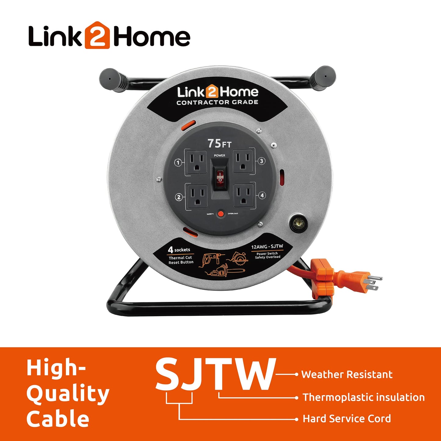 Link2Home Contractor Grade Retractable Extension Cord Reel 75 Ft. With 4 Outlets & Heavy Duty/High Visibility 3-Prong SJTW Cord