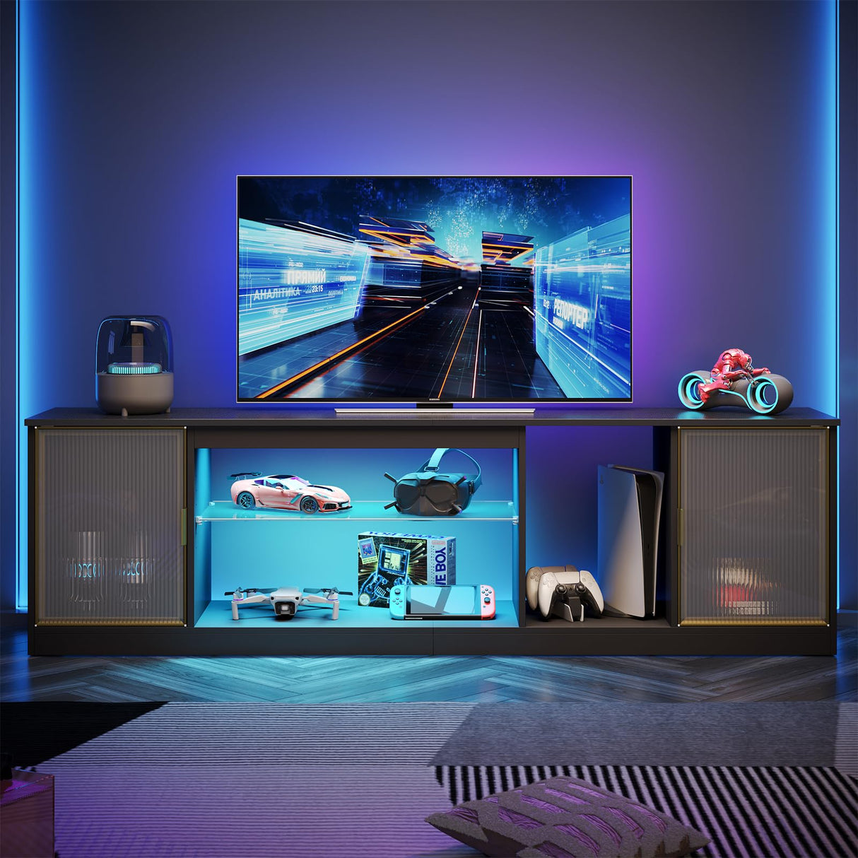 Bestier LED Gaming TV Stand for 80 inch TV, Large Entertainment Center with Storage Cabinet for PS5 Xbox, TV Console for Living Room Bedroom, Adjustable Glass Shelf & Acrylic Doors, Black Bestier