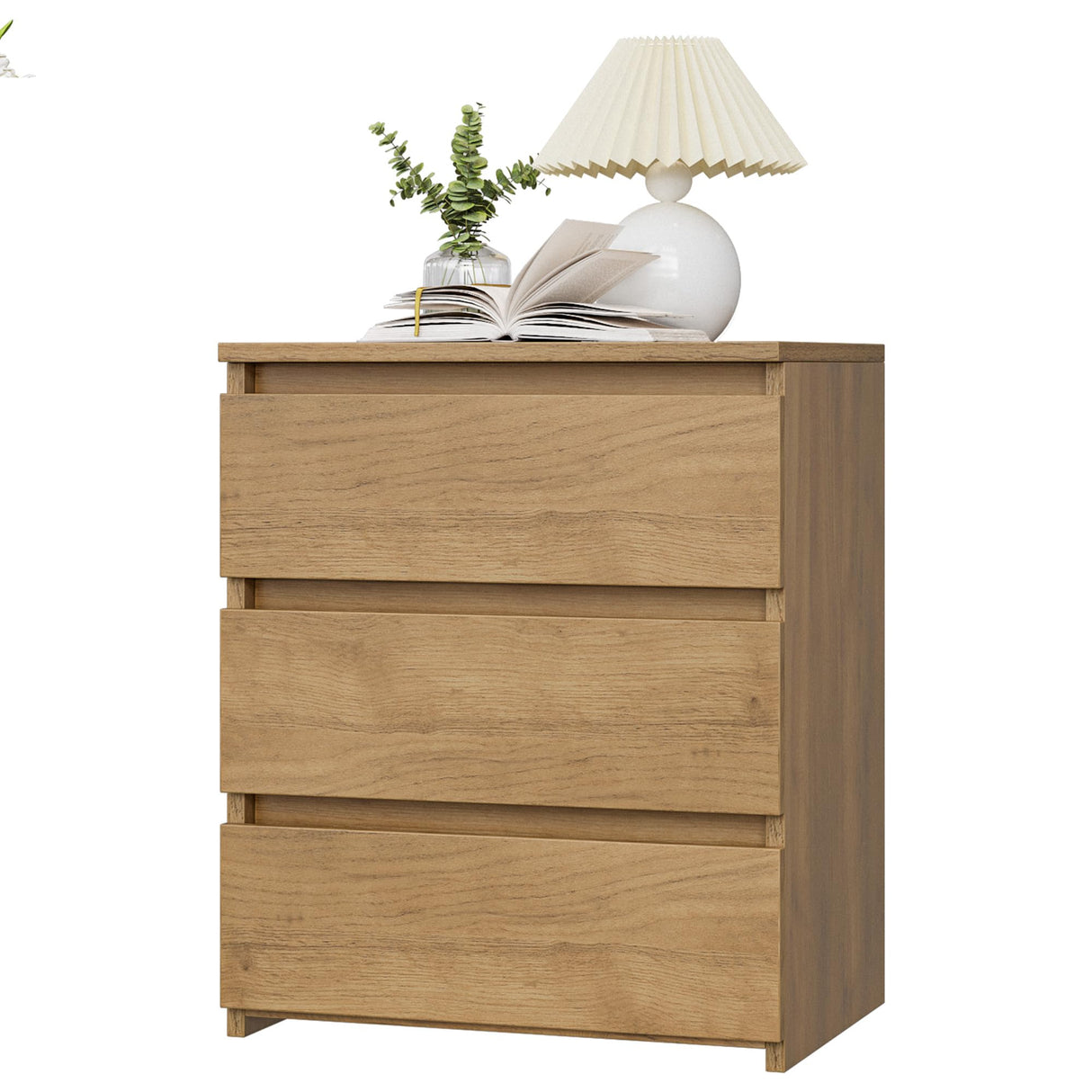 FOTOSOK Nightstand with 3 Drawers, Wood Bedside Table Night Stand for Bedroom with Cut-Out Handle, Sofa Side Table 3 Drawer Nightstand for Bedroom, 17.7W*15D*21.7H, Natural Wooden Grain FOTOSOK