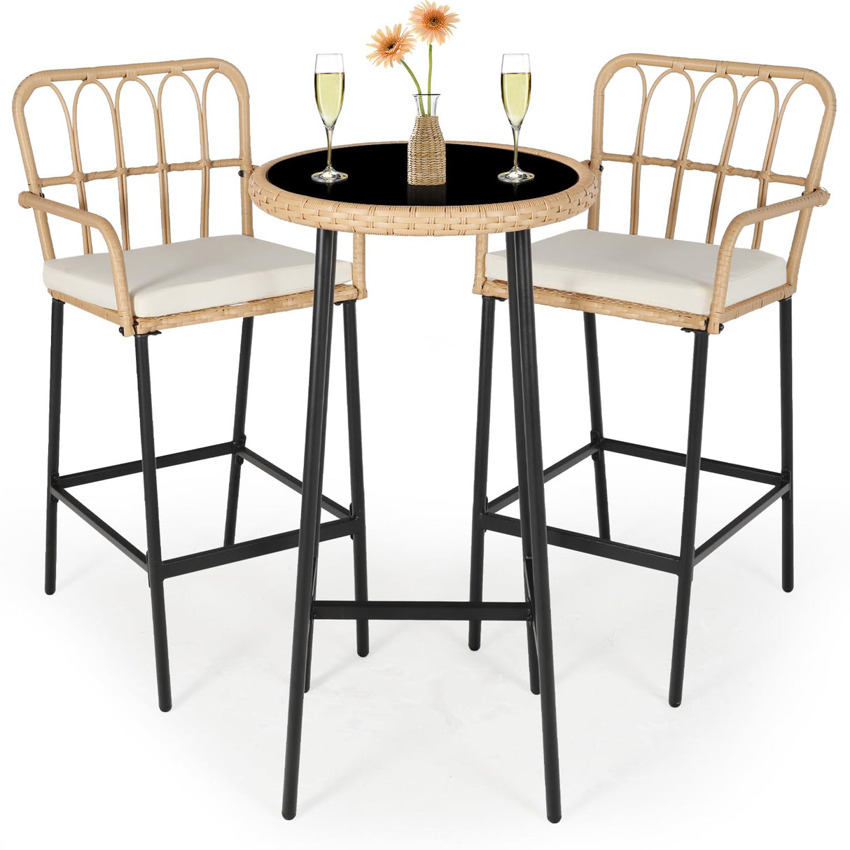 LYNSLIM Outdoor Bar,3 Piece Height Table Patio Rattan Wicker Furniture Chairs Set,22" Patio Bar Table and Outdoor Bar Stool Set of 2,with Removable Cushions for Backyards, Porches (Set for 3) LYNSLIM