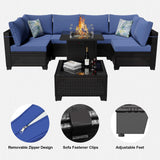 Ophelian 8 Piece Patio Furniture Set with Fire Pit Table, Wicker Outdoor Sectional Furniture, Outside Rattan Patio Couch Sets for Backyard, Garden, Deck (Brown/Blue) Ophelian