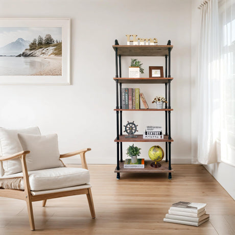 Anynice Industrial Bookshelves, Wood Pipe Bookshelf, 5 Shelf Rustic Display Storage Tall Standing Shelf Bookcase for Living Room, Kitchen, Office (Weathered Brown, 29.5" L x 11.8" W x 70" H) Anynice