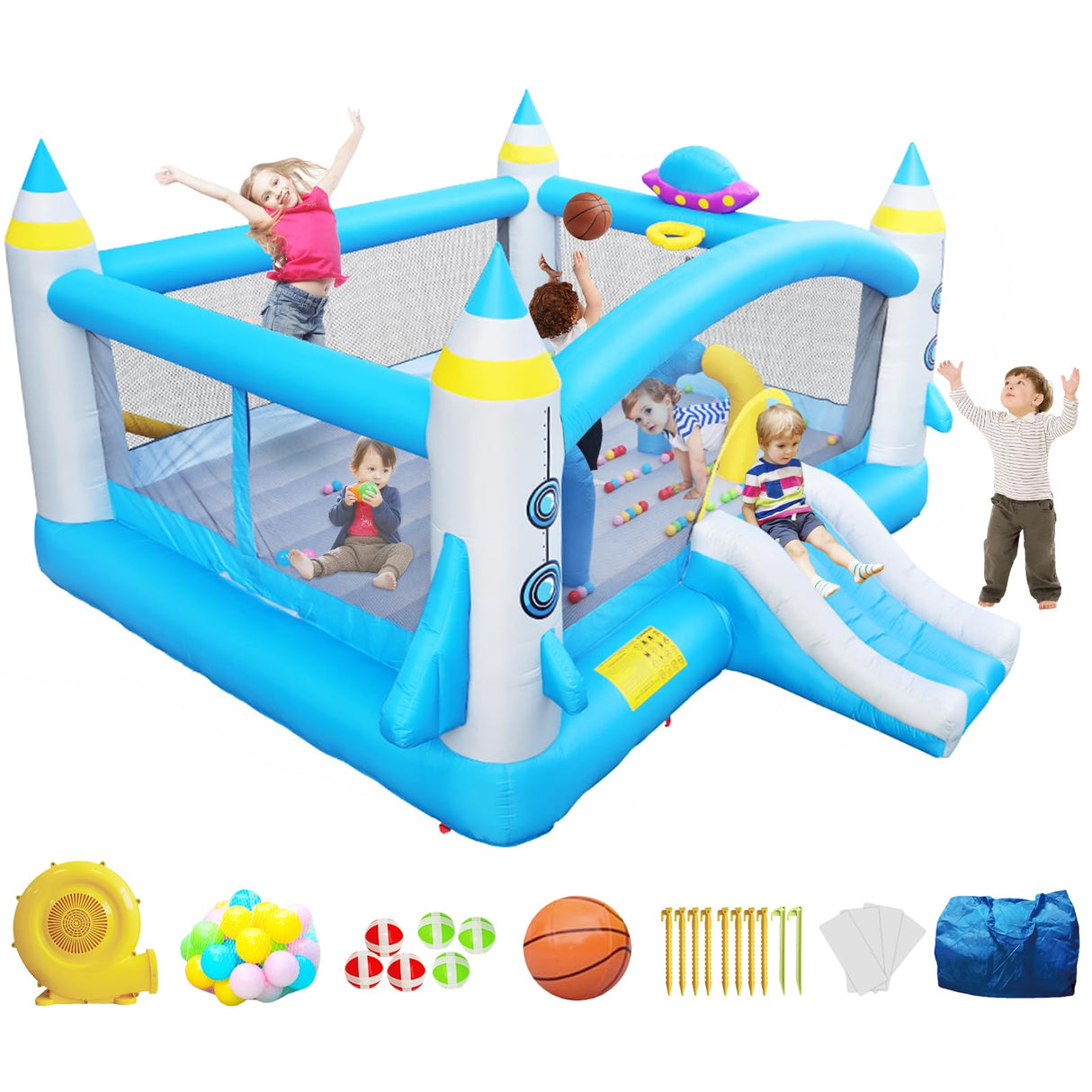 Large Bounce House for Big Kids, 16.5ft x 15ft Inflatable Bouncy Houses with Slide, Bouncy Area, Obstacle Arch, Basketball Hoop & Dart Game, Blue Bouncer Jump House Holds 6 Kids Aged 3-10, 650W Blower Ytonisld