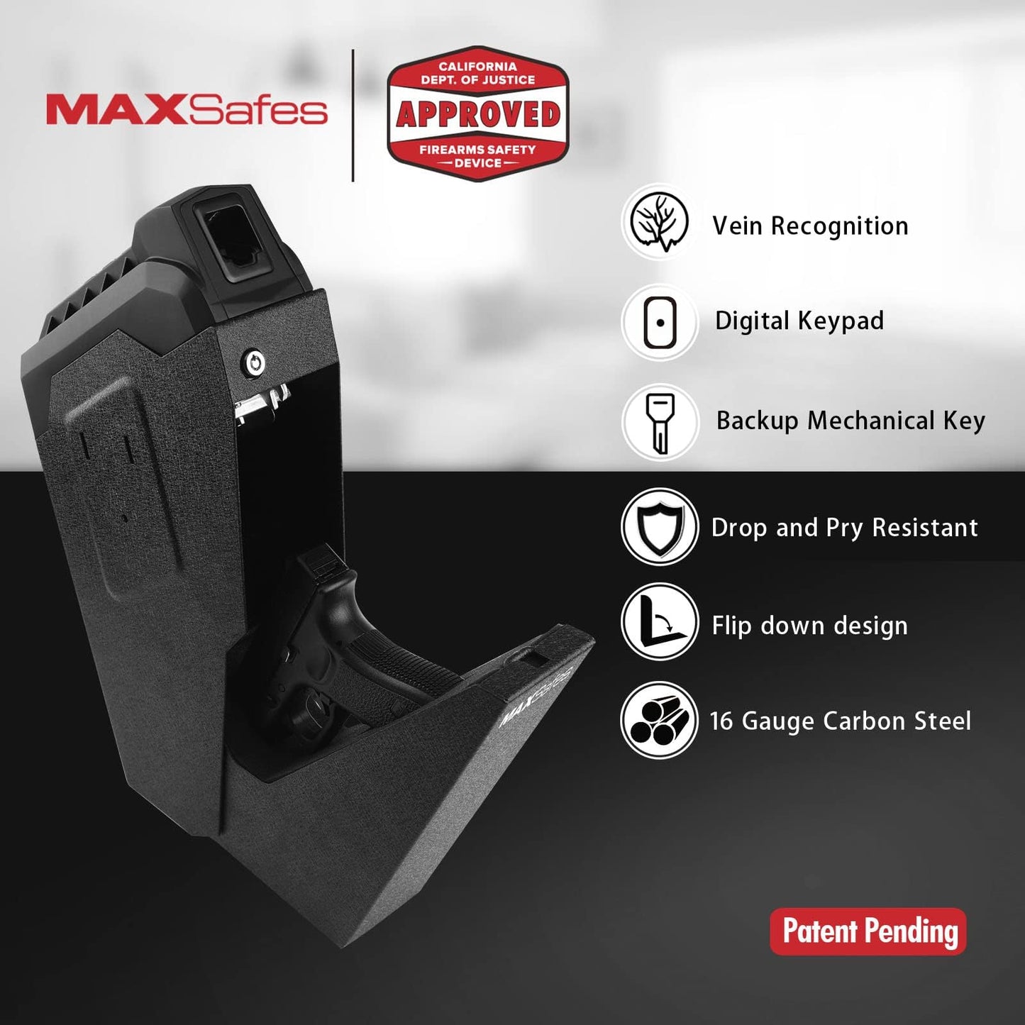 MAXSafes Gun Safe, Drop Down Handgun Safe with Super Biometric Finger Vein Recognition lock, 3 Ways Quick Access, Biometric Pistol Safe for Car, Nightstand, Wall Mount, Desk, Vehicle CA DOJ approved