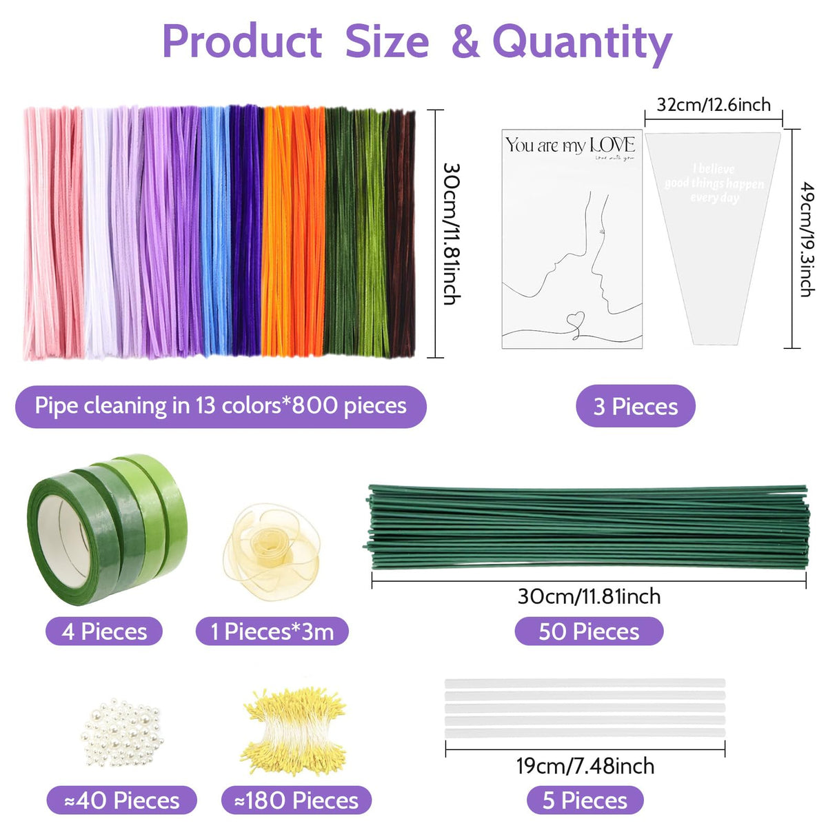 800 PCS Pipe Cleaners Craft, Pipe Cleaners Flowers Kit with Handle, 13 Colors Chenille Stems with Instruction, Art and Craft Supplies beanicus