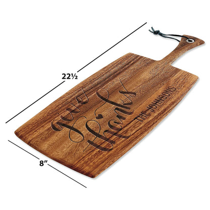 Give Thanks Personalized Acacia Wood Paddle Board - Custom Engraved 8 x 20.5-Inch Wood Chopping and Serving Boards With Leather Hanger, Wedding and - WoodArtSupply