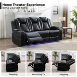 Power Reclining Sofa Couch with Wireless Charger, 3 Seaters with Recliner with Reading Light, Leather Electric 3 Seat Sofa Sectional Set for Living Room, Home Theater Seating with LED Lights, Black Comfort Stretch