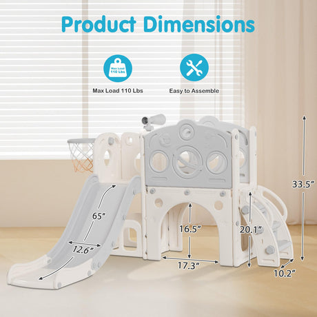 Babytronic Toddler Slide, 8 in 1 Kids Slide with Basketball Hoop, Telescope and Climber, Baby Slide Toddler Playground, Indoor Outdoor Playset for Toddlers Age 1-3, Kids Indoor Playground (White&Gray) Babytronic