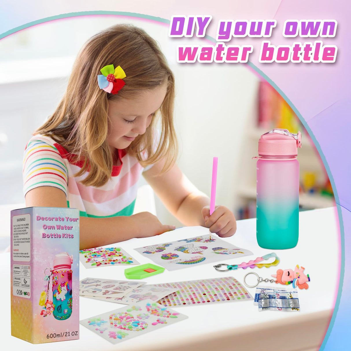 Glow in The Dark Decorate Your Own Water Bottle Kit,Unicorn Toy Gift for 4-6-8-10-12 Year Old Girl,Craft Toy for Age 3 4 5 6 7 8 9 10 Girl,Kid Teen Water Bottle Sticker for School Christmas Birthday Bemetu