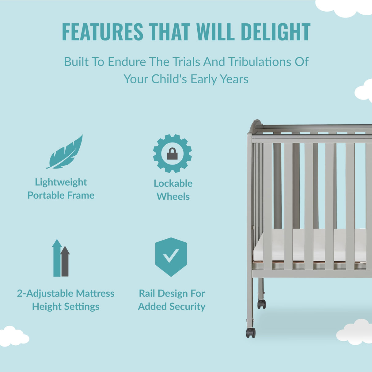 Dream On Me 2 in 1 Folding Portable Crib in Cool Grey, Greenguard Gold Certified , 40x26x38 Inch (Pack of 1) Dream On Me