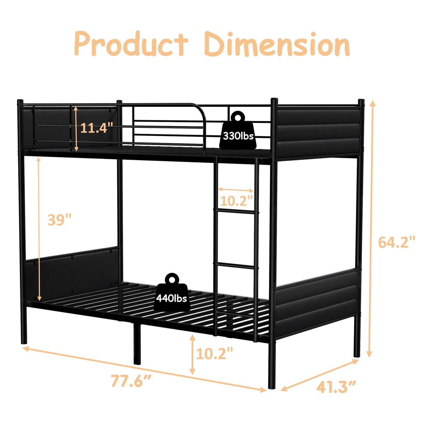 Whalefall Metal Bunk Bed Twin Over Twin, Convertible Into 2 Individual Twin Bunk Beds for Kids Adults, Twin Size Bed with Removable Ladder & Upholstered Headboard, Space-Saving, Easy Assembly(Black)