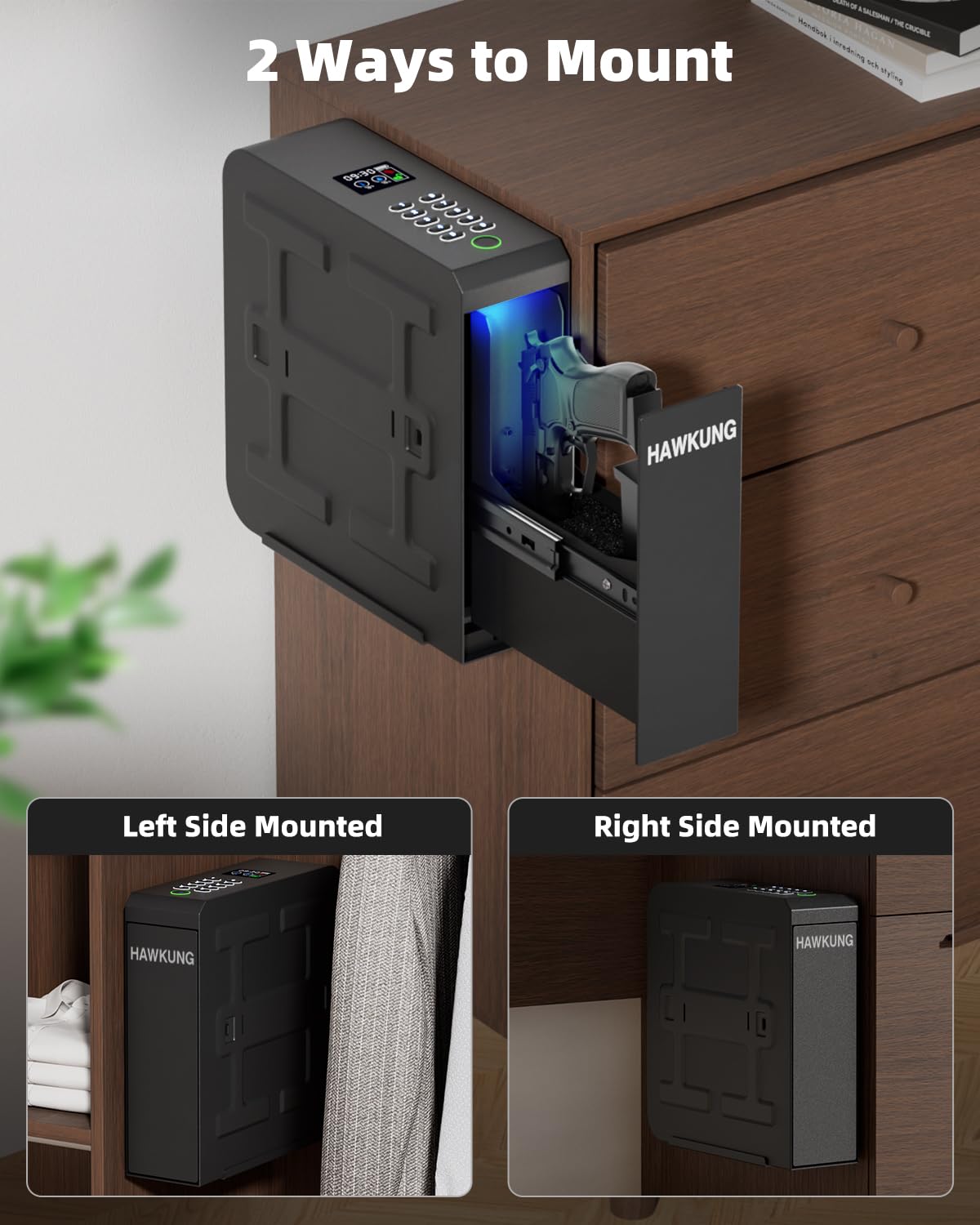 Gun Safe, Slider Biometric Gun Safe for Handgun Mounted Single Bedside Pistol Case with 3 Ways Quick Access Gun Lock Box for Nightstand, Bed, Desk, Wall, Dresser HAWKUNG