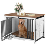Aivituvin Dog Crate Furniture Foldable Side End Table Expandable Solid Wood Dog Kennel with 360° Rotatable Dog Bowls Indoor Cage, No Assembly Needed (Right Door) Aivituvin