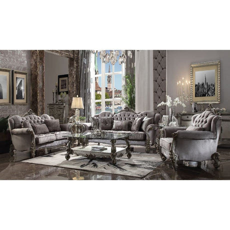 Acme Versailles Loveseat w/3 Pillows, Velvet & Antique Platinum Acme