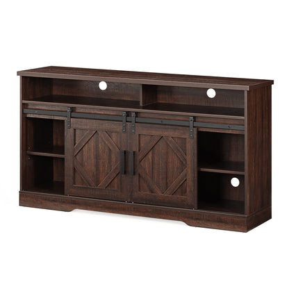 WAMPAT Farmhouse 85 in TV Stand, Entertainment Center with Sliding Barn Doors and 2 Open Storage Shelves for Living Room,Rustic Brown