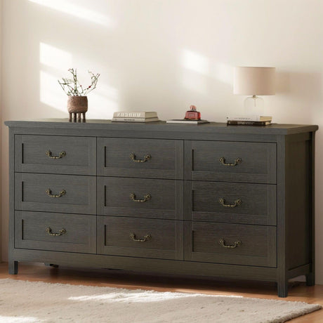 Gyfimoie Farmhouse 9 Drawer Dresser for Bedroom, 63" Wide Long Chest of Drawers with Deep Drawers & Vintage Handle, Storage Dresser Organizer, TV Stand for Bedroom, Living Room (Black) Gyfimoie