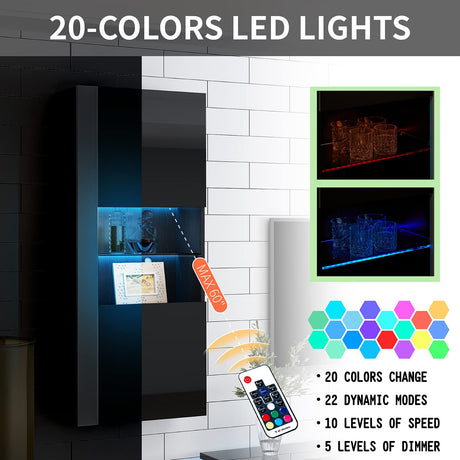 AMERLIFE Wall Storage Cabinets with LED Lights, Modern High Gloss Hanging Cabinets with 4 Closed Doors & Open Glass Shelves, for Living Room/Bedroom/Office, Black(Set of 2) AMERLIFE