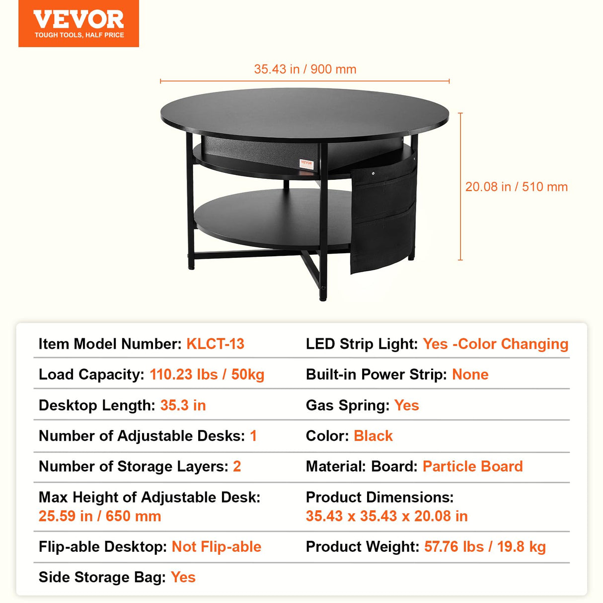 VEVOR Round Lift Top Coffee Table for Living Room, 35.3 in Round Coffee Table with Storage and Hidden Compartment, Circle Coffee Table with LED Light, Black VEVOR