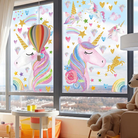 JarThenaAMCS Pink Watercolor Glitter Window Clings Double-Sided Cartoon Animal Rainbow Star Heart Diamond Window Decals Decor for Classroom Nursery Home, 15.7 x 11.8, 4 Sheet JarThenaAMCS