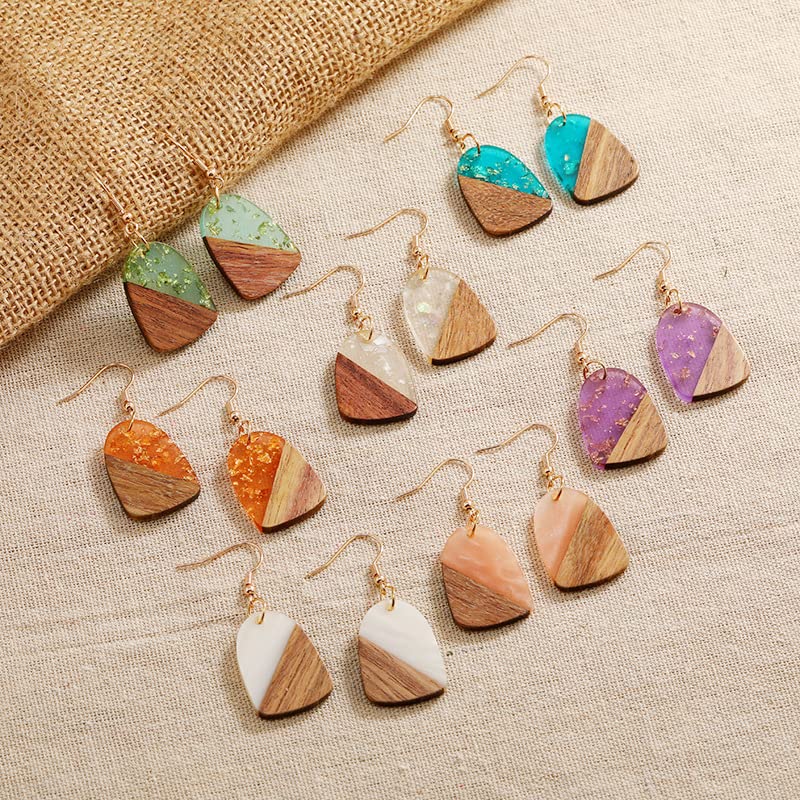 Zhang shine Boho Retro Resin Wooden Lightweight Geometric Dangle Drop Earrings Natural Layered Wood Teardrop Earrings for Women Zhang shine