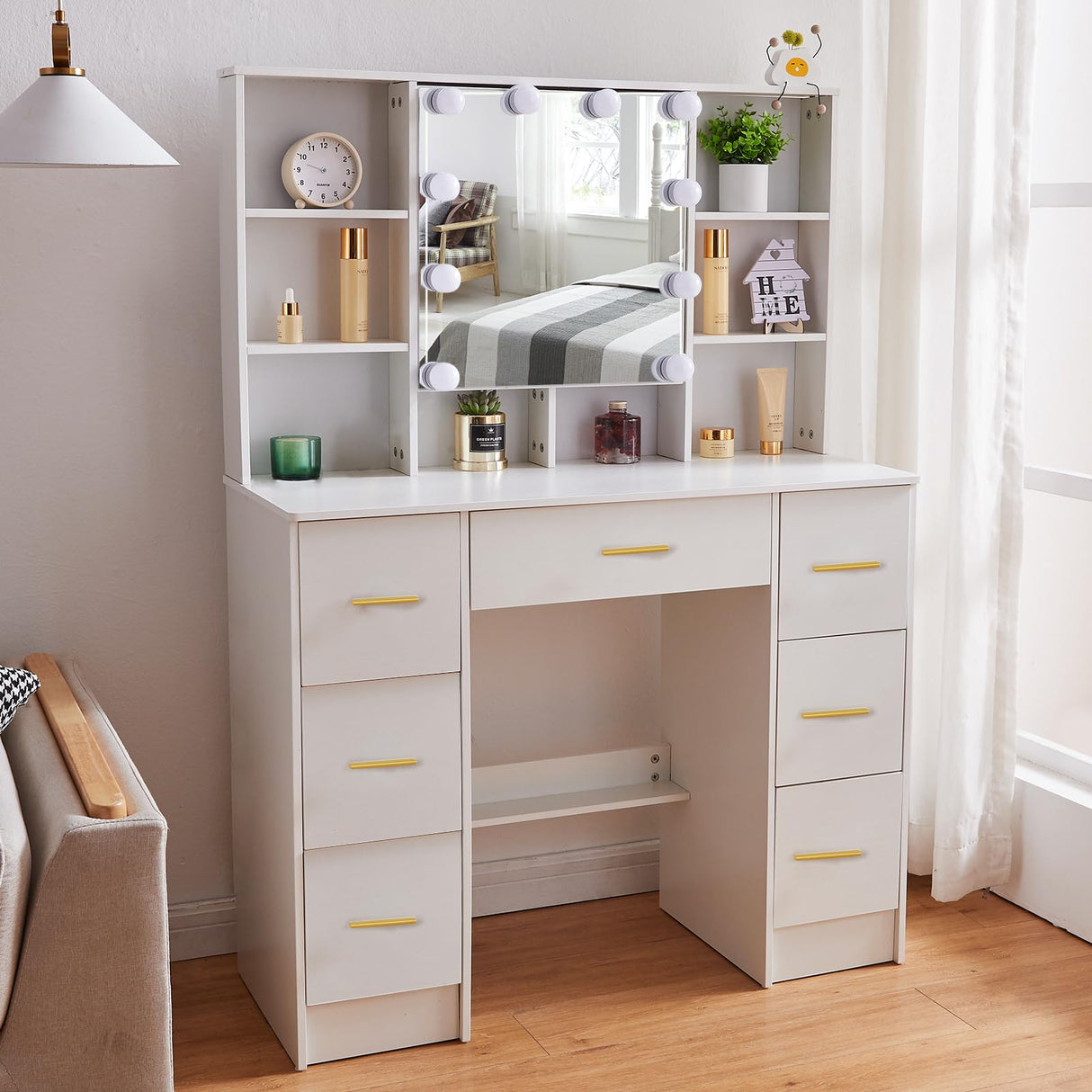 Caulitar 39" Vanity Desk with Mirror and Lights, White Vanity Table with 7 Drawers & 9 Storage Shelves, Hollywood Lighted Mirror with10 Dimmable Blubs, Makeup Table Vanity for Teen Girls Women H3240 Caulitar