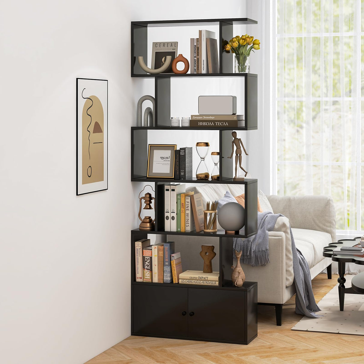 Tangkula Geometric S-Shaped Bookshelf with Cabinet - 6-Tier Freestanding Bookcase in Black for Home & Office Tangkula