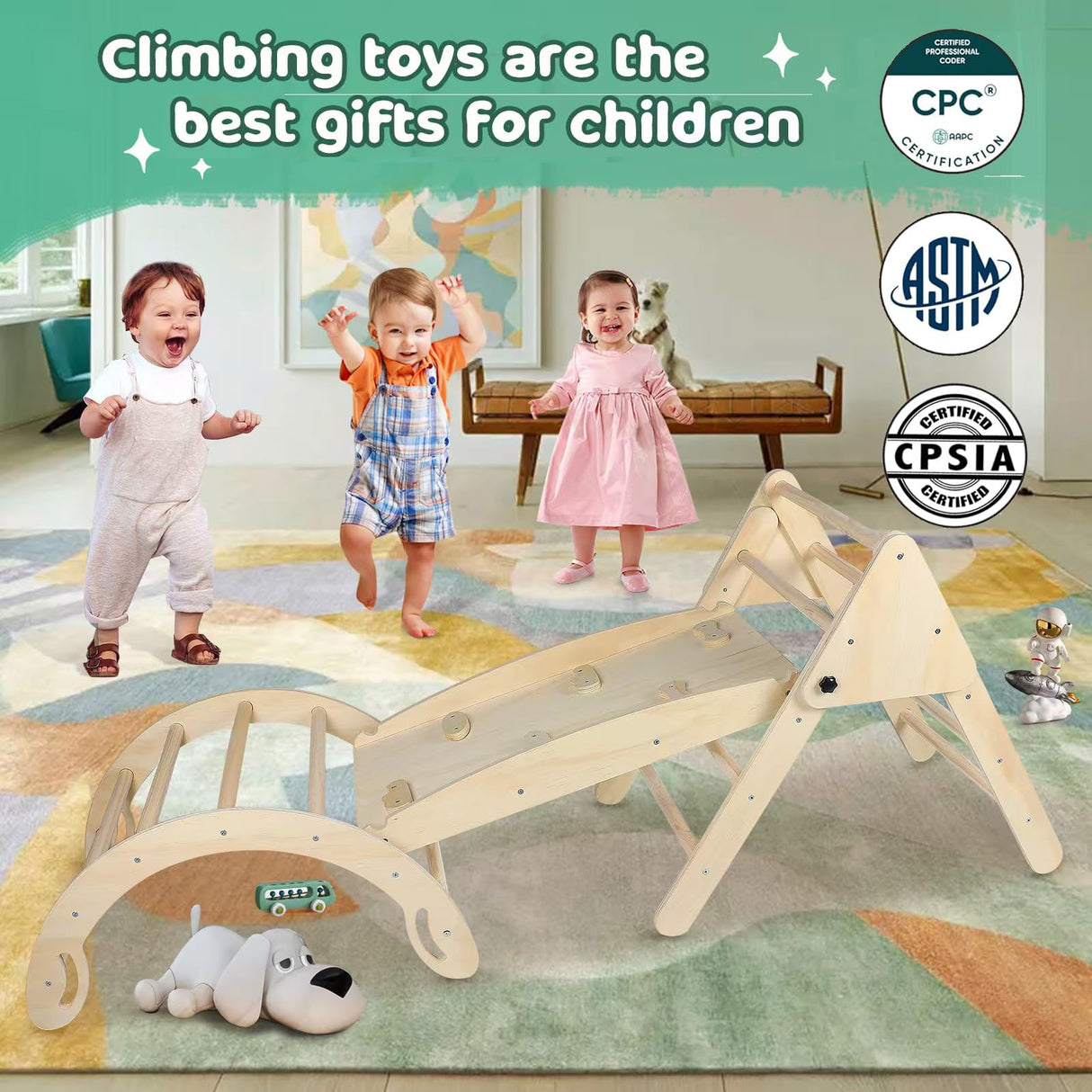 Pikler Triangle Toddler Climbing Toys Set, 5 in 1 Foldable Wooden Indoor Triangle Set with Triangle Ladder, Climbing Ramp, Arch Climber, Rocker, and Slide for Montessori Gym Toys for Kids (Small) BSZGYU