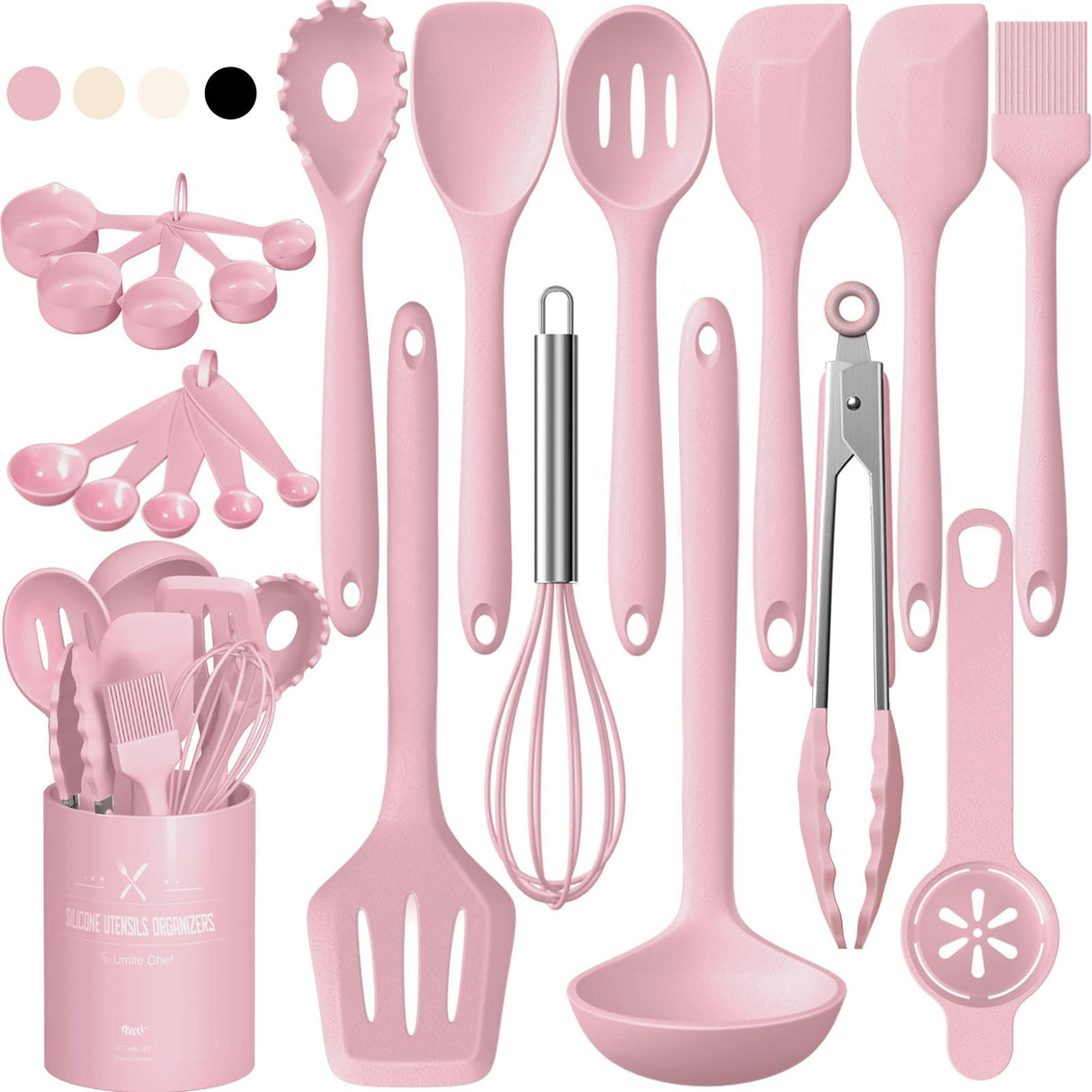 Umite Chef 22Pcs Silicone Cooking Utensils Set, Heat Resistant Silicone Kitchen Spatulas Set with Holder, Cooking Gadgets Tools Set for Nonstick Cookware, Dishwasher Safe(Pink) Umite Chef