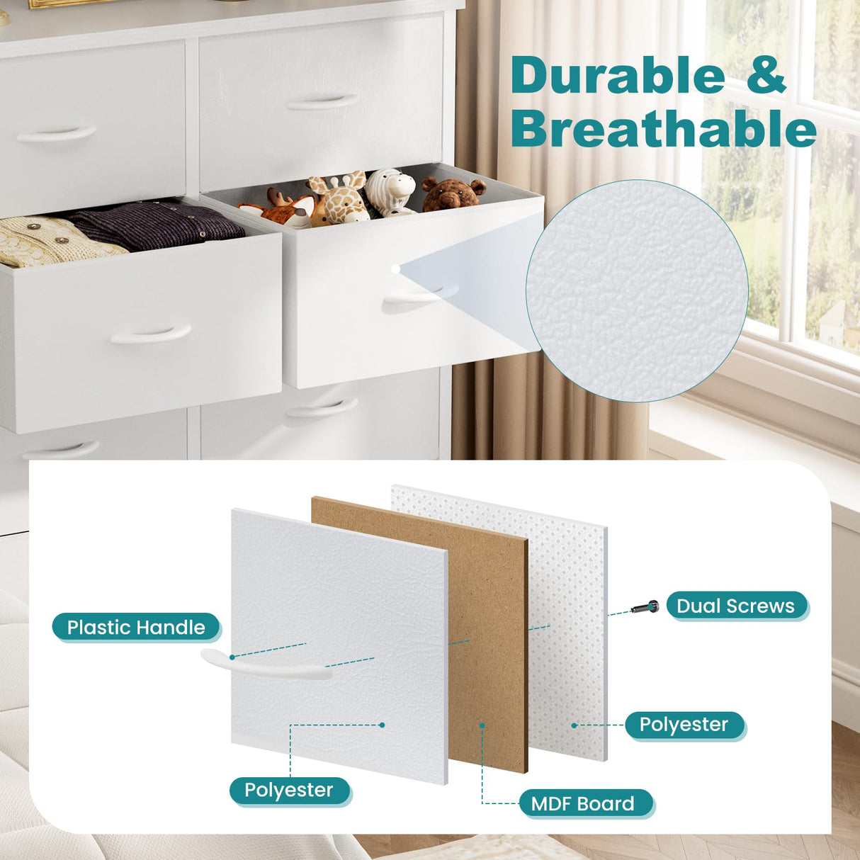 OLIXIS 8 Drawer Storage Dresser with Wood Top - Wide Fabric Chest Organizer for Bedroom, Closet, Living Room,Tower Cabinet, TV Stand, Hallway Entryway Furniture,White OLIXIS