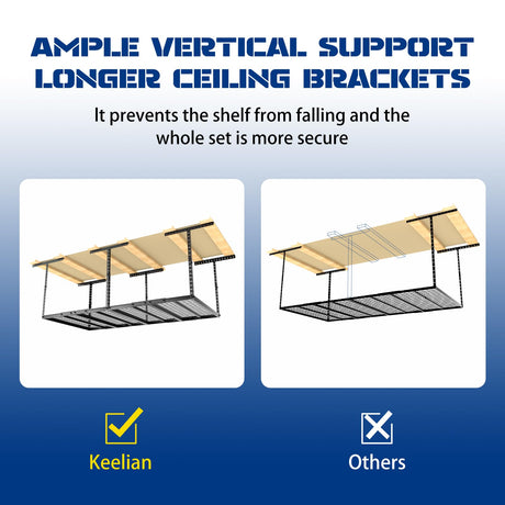 4x8 Overhead Garage Storage Rack with 4 Extra Hooks – Adjustable Heavy-Duty Garage Ceiling Storage Racks (22"-40"), Holds 600 lbs, 22 lbs per Hook, Steel Hanging Organizer for Tools, Bins & Bikes Keelian