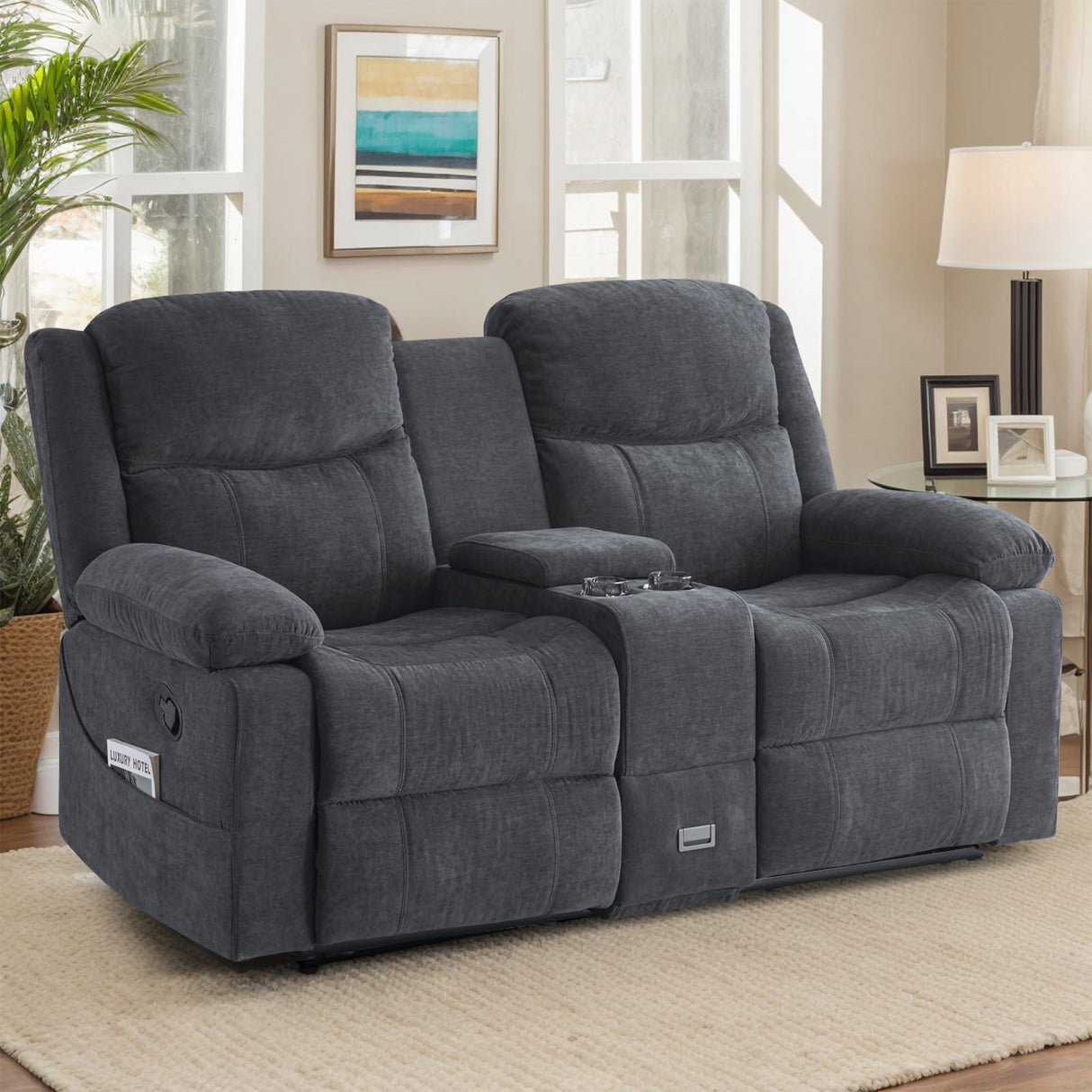 RIHEREFY Loveseat Recliner Sofa with Massage & Heating, Reclining Loveseat with Console, RV Wall Hugger Double Loveseat Recliner Couch for Living Room & Home Theater (Chenille-Grey) RIHEREFY