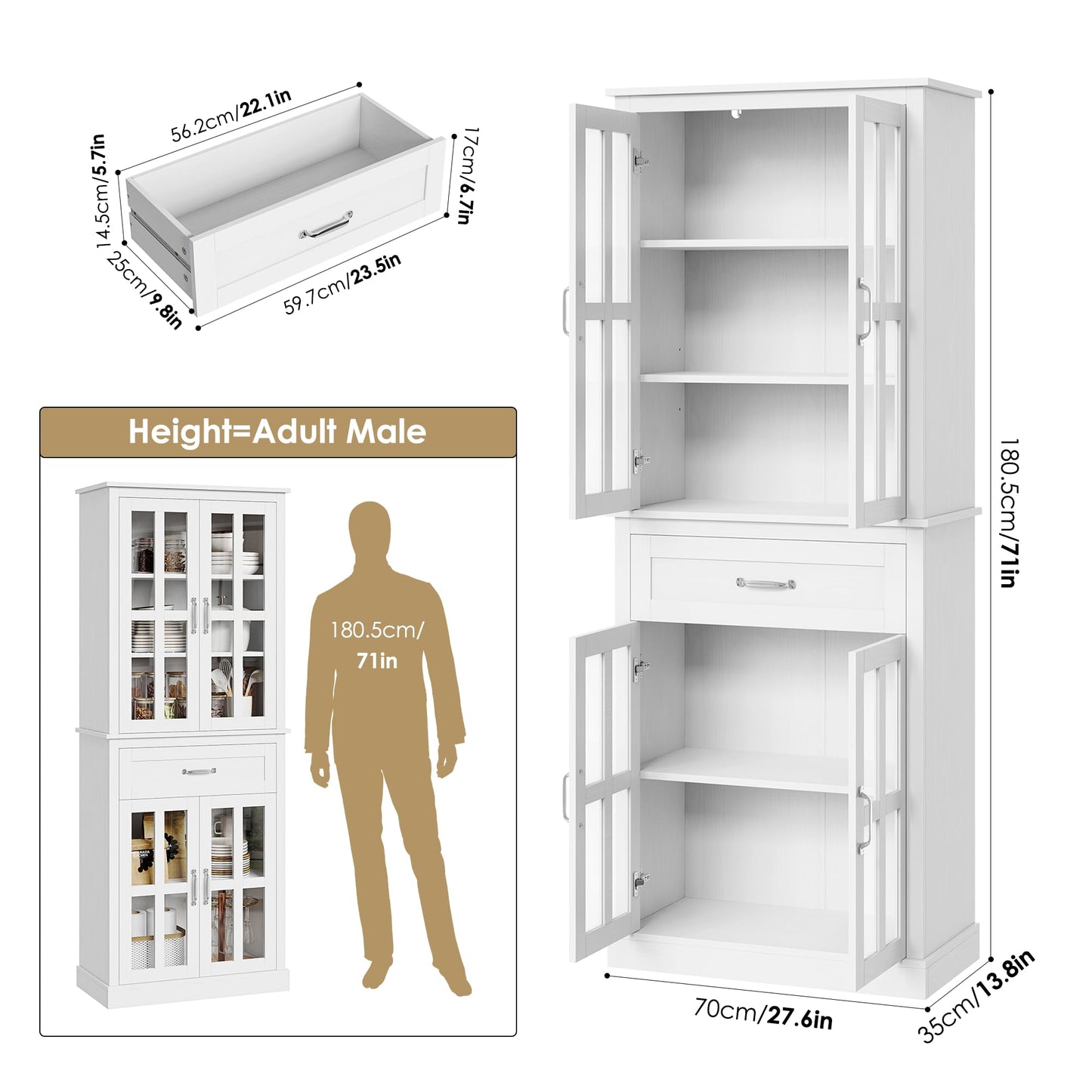 FOTOSOK 71'' Kitchen Pantry Cabinet, Tall Kitchen Cabinet Pantry Cabinet with Glass Doors and Drawer, Freestanding Food Pantry Kitchen Hunch with - WoodArtSupply